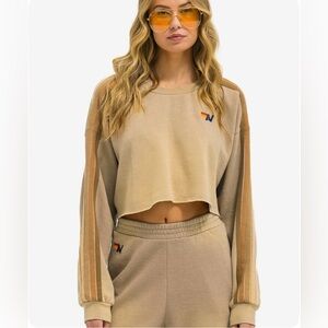 Aviator Nation - Classic Stripe Cropped Sweatshirt - NWT- Faded Tan